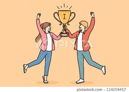 Joint victory two schoolchildren, joyfully holding golden cup for participating in intellectual game 119259457