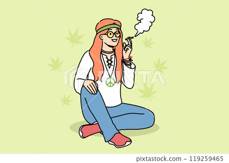 Hippie woman smokes cannabis sitting on summer lawn, enjoying participating in rastafarian community 119259465