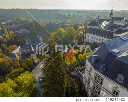 Aerial Shot of the Historical Center in Luxembourg City, The capital of Kingdom Luxembourg in the Morning Light Aerial Shot of the Historical Center in Luxembourg City, The capital of Kingdom Luxembourg in the Morning Light 119259482
