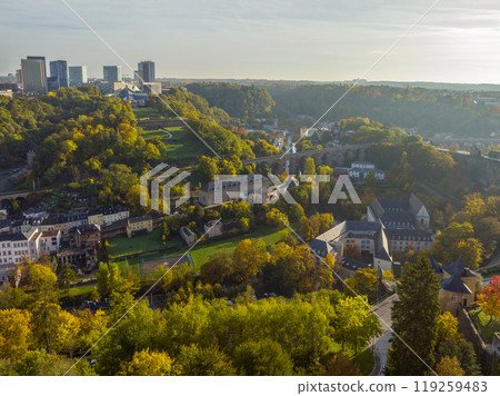 Aerial Shot of the Historical Center in Luxembourg City, The capital of Kingdom Luxembourg in the Morning Light 119259483