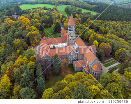Aerial drone Shot of Abbey in Clervaux, Luxembourg in mystery evening twilight  119259486