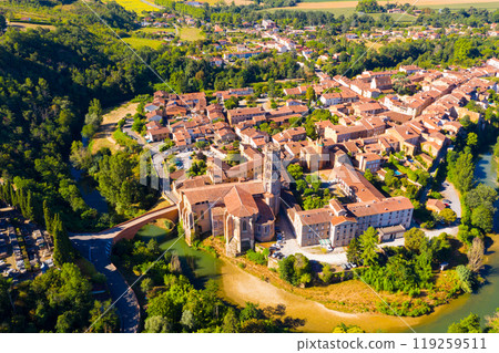 Aerial view of Rieux-Volvestre town overlooking Cathedral, France 119259511
