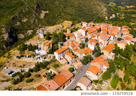 Aerial view of little village Cucugnan in the Aude area Aerial view of little village Cucugnan in the Aude area 119259528