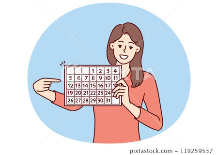 Woman with calendar points finger at dates suggesting to do planning and time management Woman with calendar points finger at dates suggesting to do planning and time management 119259537