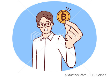 Man trader with bitcoin coin calls for mining or investing in cryptocurrency and blockchain tech 119259544