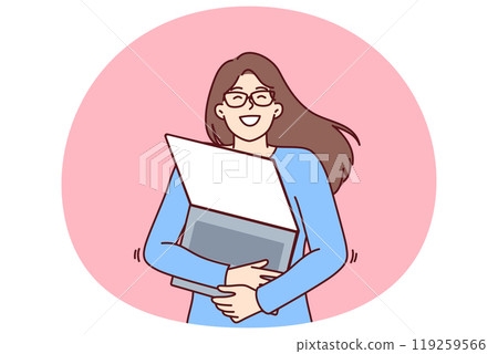 Geek woman with laptop hugs favorite gadget rejoicing at opportunity to learn via internet 119259566