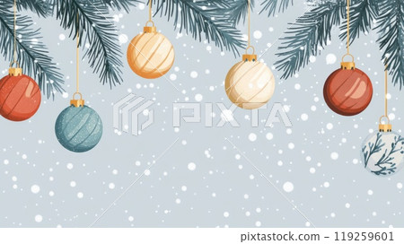 fir branch decorated with colorful christmas balls with falling snow illustration 119259601