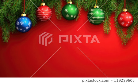fir branch decorated with colorful christmas balls on red background illustration 119259603