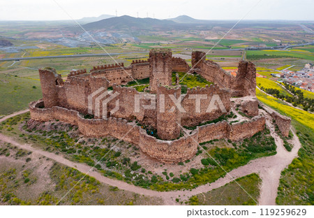 View from drone of ruins of Castillo de Almonacid, Spain 119259629