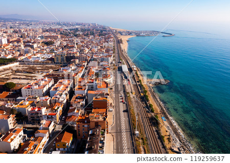 Aerial view of Premia de Mar on Catalan coast of Mediterranean Sea, Spain 119259637