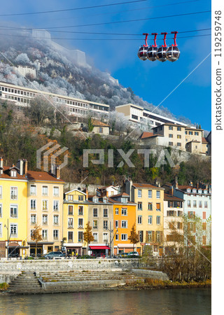 Aerial view of Grenoble with French Alps and cable car 119259748