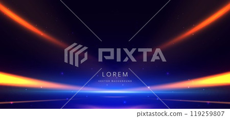 Scene blue light ray background with gold curved effect light ray and dot sparkle. Scene blue light ray background with gold curved effect light ray and dot sparkle. 119259807