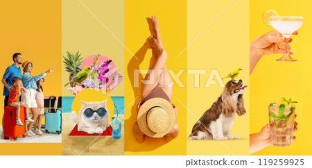 Collage. Family going on vacation, cool cat lying on beach, woman sunbathing in swimsuit, happy dog sitting with parrot, hand holding various cocktails 119259925