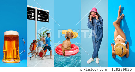 Collage. Lager beer mug, family with suitcase travelling, relaxed dog swimming in pool, young girl eating donut, woman in underwear sunbathing in swimsuit Collage. Lager beer mug, family with suitcase travelling, relaxed dog swimming in pool, young girl eating donut, woman in underwear sunbathing in swimsuit 119259930