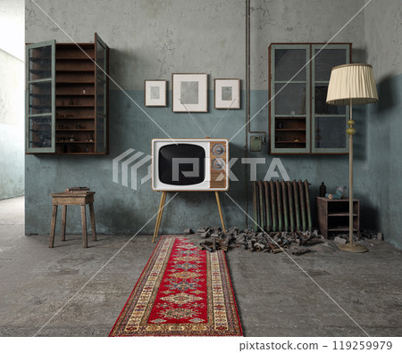 A vintage TV in a rustic room 119259979