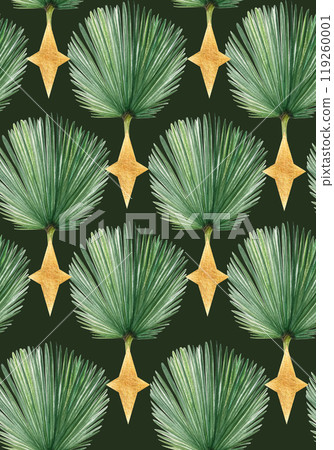 Palm leaf abstract hand painted watercolor seamless pattern on dark green. High quality image perfect for cards, posters, stickers, eco materials, Christmas decoration design. Exotic plants clipart Palm leaf abstract hand painted watercolor seamless pattern on dark green. High quality image perfect for cards, posters, stickers, eco materials, Christmas decoration design. Exotic plants clipart 119260001