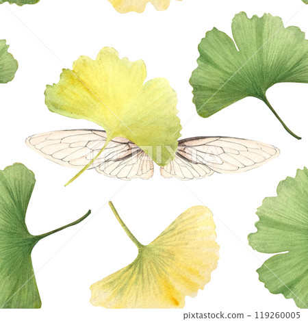 Ginkgo vibrant green, yellow leaves, creamy insect wings seamless pattern isolated on white. High quality hand-painted detailed textured watercolor perfect for textile, wrapping paper, botanical Ginkgo vibrant green, yellow leaves, creamy insect wings seamless pattern isolated on white. High quality hand-painted detailed textured watercolor perfect for textile, wrapping paper, botanical 119260005
