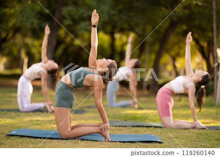 Body stretching and meditation during group yoga classes for young girls in summer park 119260140