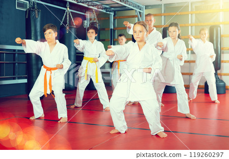 Schoolchilds practicing new technique in karate class 119260297