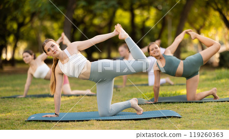 Group of young women doing body stretching during yoga classes in summer park 119260363
