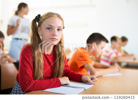 Portrait of school girl who writing exercises at lesson in school 119260415