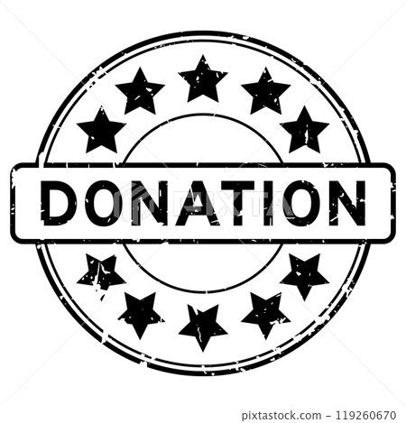 Grunge black donation word with star icon round rubber seal stamp on white background 119260670