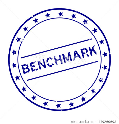 Grunge blue benchmark word round rubber seal stamp on white background 119260698