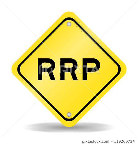 Yellow color transportation sign with word RRP (Abbreviation of recommended retail price) on white background 119260724