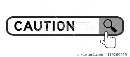 Search banner in word caution with hand over magnifier icon on white background 119260939