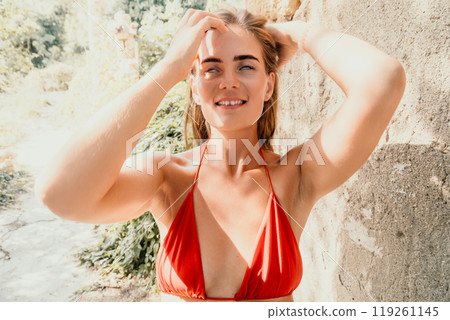 Woman Red Bikini Smiling Sunlit Portrait 119261145