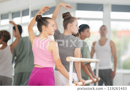 Girls and boys of choreographic lesson learn from experienced master of theatrical studio 119261483