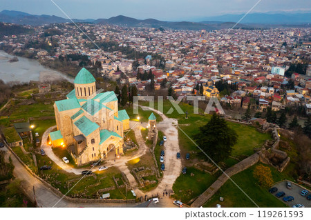 Aerial view of Bagrati Cathedral in Kutaisi on spring dusk 119261593
