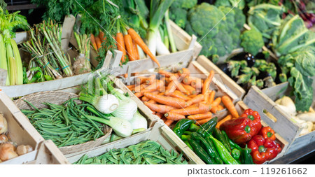 Colorful organic vegetable display in natural foods store 119261662