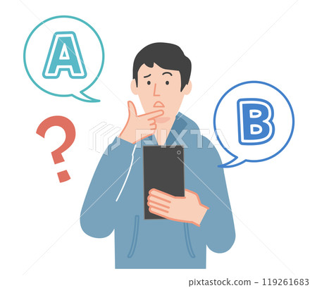 一名男子拿著智慧型手機,無法在兩個選項之間做出選擇的插圖 一名男子拿著智慧型手機,無法在兩個選項之間做出選擇的插圖 119261683