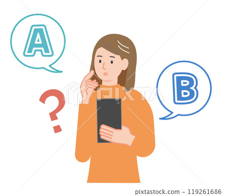 Illustration of a woman holding a smartphone and struggling to choose between two options 119261686