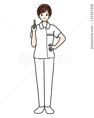 Female nurse standing in front, pants style, pointing Female nurse standing in front, pants style, pointing 119261806