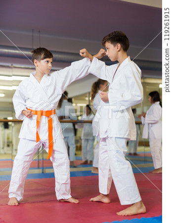 Kids sparring during karate training Kids sparring during karate training 119261915