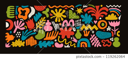 Abstract set of various shapes, figures and freeform blobs, hand drawn colorful crayon illustration. Abstract contemporary modern vector illustration in color crayon pencil style on dark. 119262064