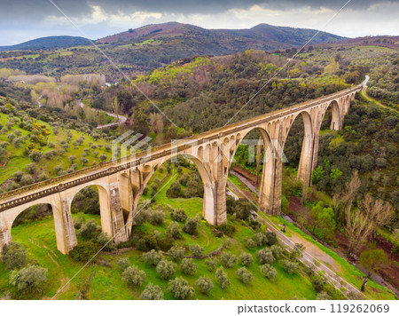Aerial view of stone arched viaduct in valley near Guadalupe Aerial view of stone arched viaduct in valley near Guadalupe 119262069