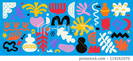 Abstract set of various shapes, figures and freeform blobs, hand drawn colorful crayon illustration. Modern trendy vector sticker set of various plants and doodles pattern design elements on blue Abstract set of various shapes, figures and freeform blobs, hand drawn colorful crayon illustration. Modern trendy vector sticker set of various plants and doodles pattern design elements on blue 119262070