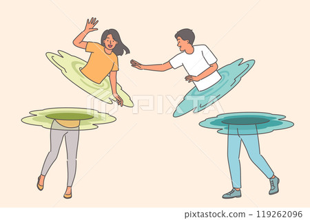 Man and woman teleport to move in space, and instantly appear at new destination Man and woman teleport to move in space, and instantly appear at new destination 119262096