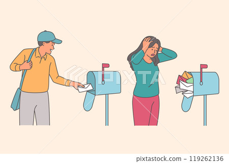 Puzzled woman looking at overflowing spam mailbox, standing near cheerful postman Puzzled woman looking at overflowing spam mailbox, standing near cheerful postman 119262136