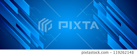 Abstract technological illustration with neon lights on a dark blue gradient background. This vector was hand drawn. 119262148