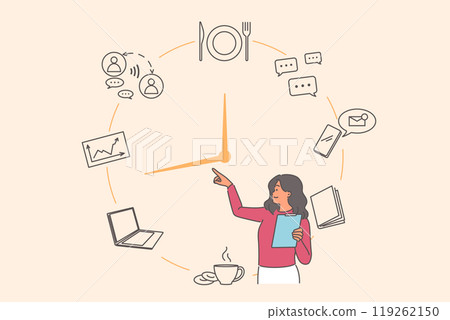 Business woman is engaged in time management to increase work productivity, standing near big clock 119262150
