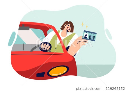 Driver license in hands of woman sitting behind wheel of car, confirming right to access parking lot 119262152