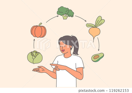 Vegetarian woman with fruits and vegetables for diet that allows to lead healthy lifestyle 119262153
