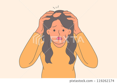 Ringworm on head of woman, puzzled by new disease that has ruined hair, stands with tears in eyes Ringworm on head of woman, puzzled by new disease that has ruined hair, stands with tears in eyes 119262174