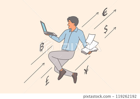 Successful trader makes profit from earning money on cryptocurrency arbitrage and flies with laptop Successful trader makes profit from earning money on cryptocurrency arbitrage and flies with laptop 119262192