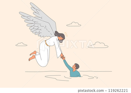 Guardian angel with wings saves drowning man, is in trouble and in need of god salvation Guardian angel with wings saves drowning man, is in trouble and in need of god salvation 119262221