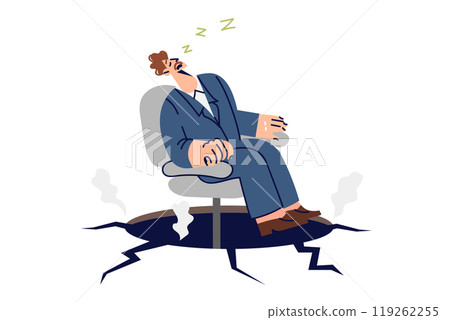 Lazy business man demonstrating inefficiency due to lack of motivation, sitting in chair over abyss 119262255